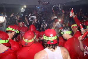 Wild Card Series - Miami Marlins v Philadelphia Phillies - Game Two celebration in the lockerroom