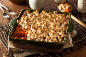 eaten sweet potatoes and marshmallow casserole in a dish