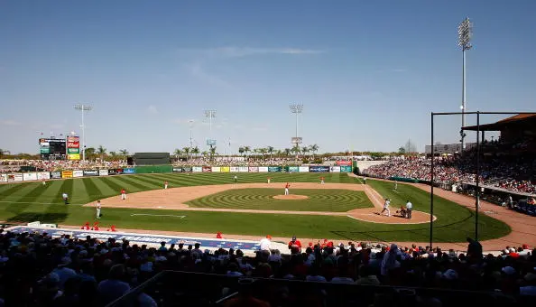 A view of Bright House Field during the Grapefruit League Spring Training Game