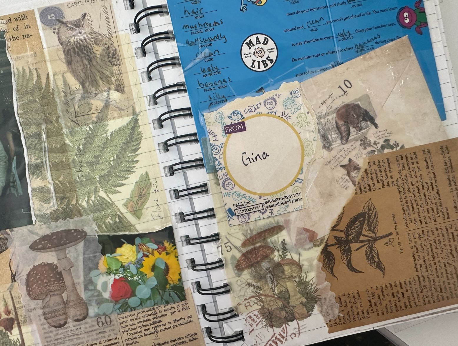 a journal page with flowers and mad libs glued on