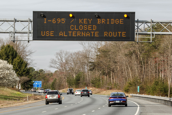 Bridge collapse in Baltimore - A traffic warning sign is displayed on Route 95 after a cargo ship collided with the Francis Scott Key Bridge causing it to collapse