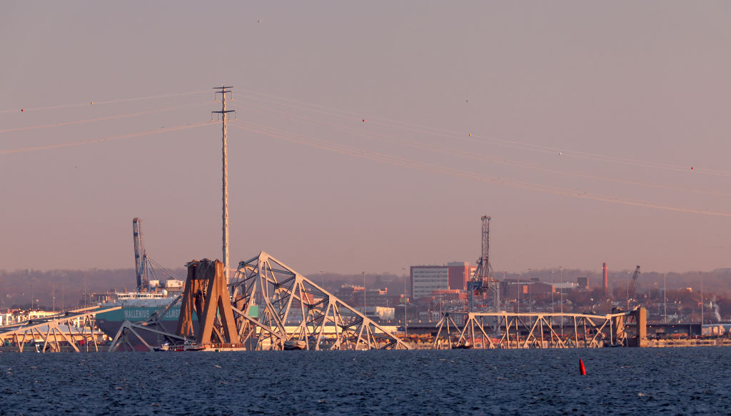 Baltimore Bridge Collapse - A cargo ship is shown after running into and collapsing the Francis Scott Key Bridge on March 26, 2024 in Baltimore, Maryland.