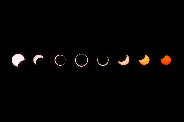 A composite of images of the first annular eclipse seen in the U.S. since 1994 shows several stages, left to right, as the eclipse passes through annularity and the sun changes color as it approaches sunset on May 20, 2012 in Grand Canyon 