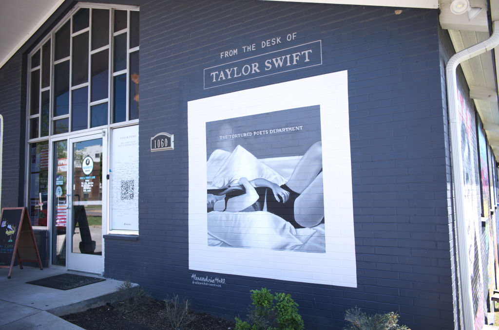 A Taylor Swift mural is seen outside Grimey's new & preloved music and books on April 18, 2024 in Nashville, (taylor swift tea party)