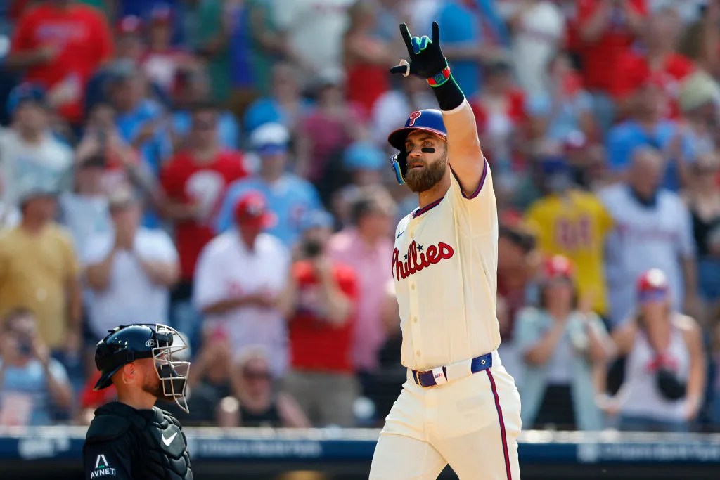 PHILADELPHIA, PENNSYLVANIA - JUNE 22: Bryce Harper #3 of the Philadelphia Phillies hits a two-run home run against the Arizona Diamondbacks during the third inning of a game at Citizens Bank Park on June 22, 2024 in Philadelphia, Pennsylvania. The Phillies defeated the Diamondbacks 12-1. 