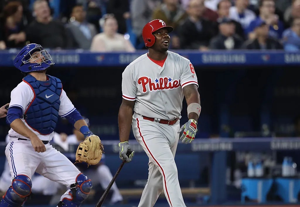 TORONTO, CANADA - JUNE 13: Ryan Howard #6 of the Philadelphia Phillies hits a solo home run in the seventh inning during MLB game action against the Toronto Blue Jays on June 13, 2016 at Rogers Centre in Toronto, Ontario, Canada.