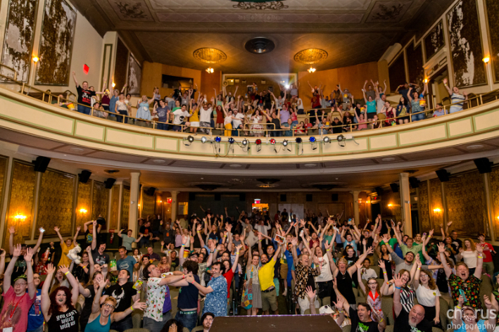 A packed Colonial Theater in Phoenixville, PA hosts the Blobfest with rambunctious fans.