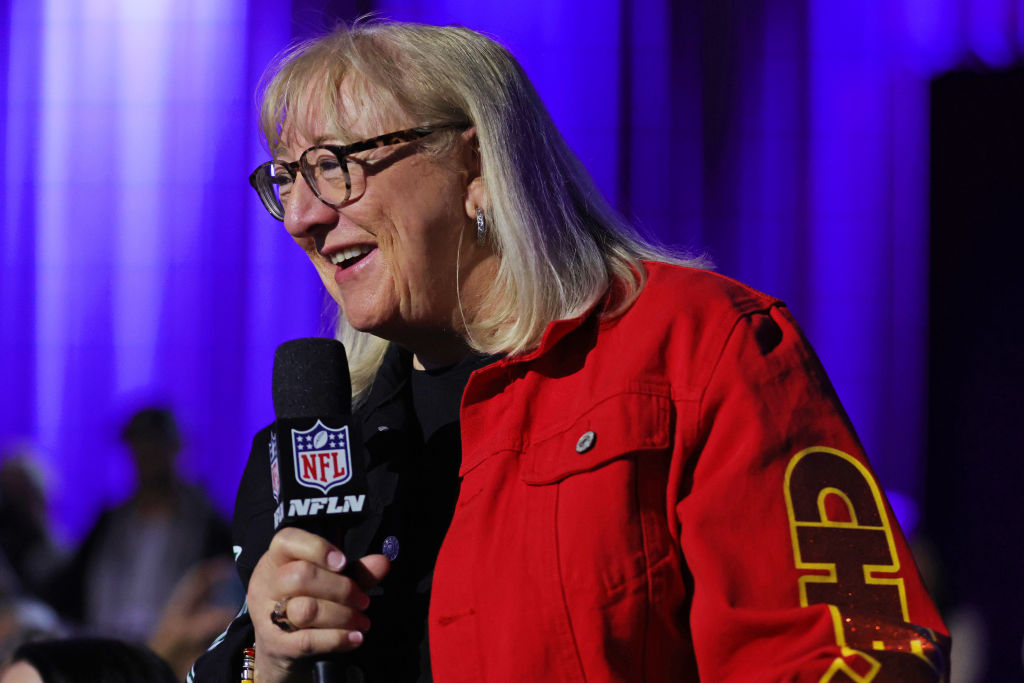 Donna Kelce, mother of NFL players Travis Kelce and Jason Kelce, asks a question during the Roger Goodell press conference 