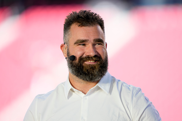 Jason Kelce, ESPN analyst, looks on before the New York Jets play the San Francisco 49ers. He will provide the music for the Hallmark movie his mom Donna Kelce will be in. 